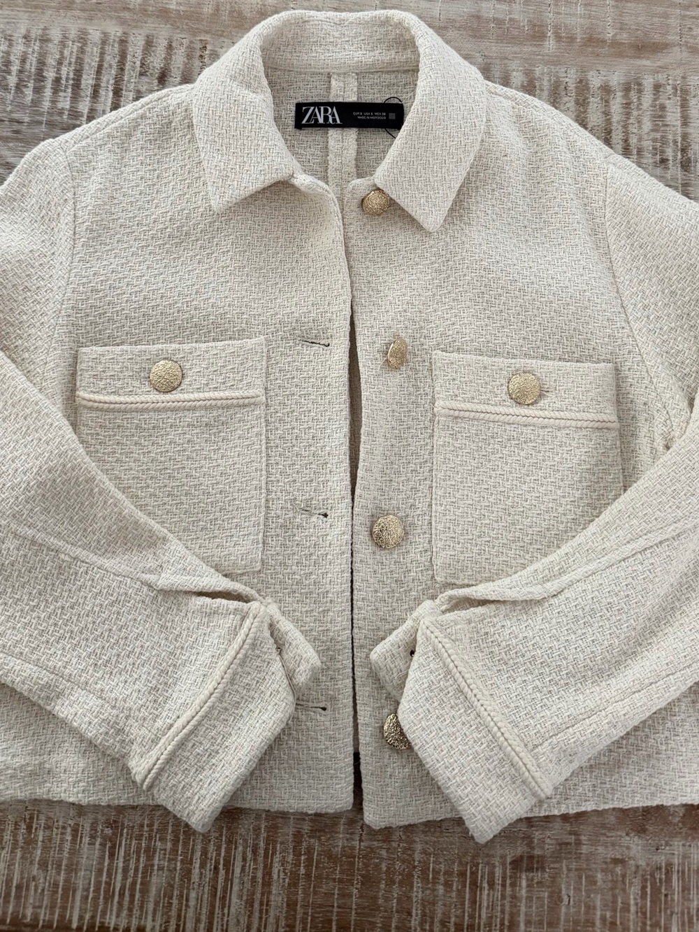 ZARA Cream Textured Tweed Jacket with Gold Buttons